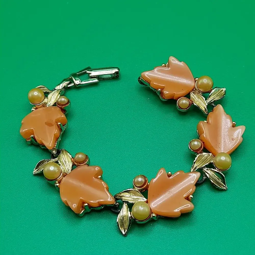 Vintage Orange Moonglow Lucite Leaf Bracelet, Gold Tone, 7 1/4 In, 1950s